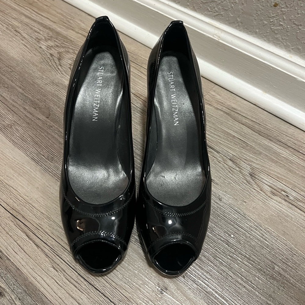 Stuart Weitzman Black Patent Leather Peep Toe Pumps